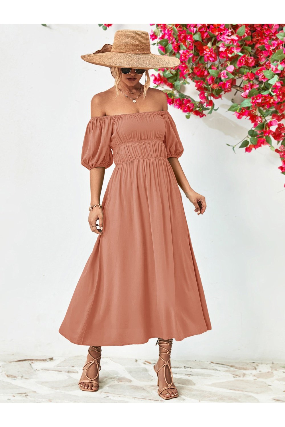 Off-Shoulder Balloon Sleeve Midi Dress