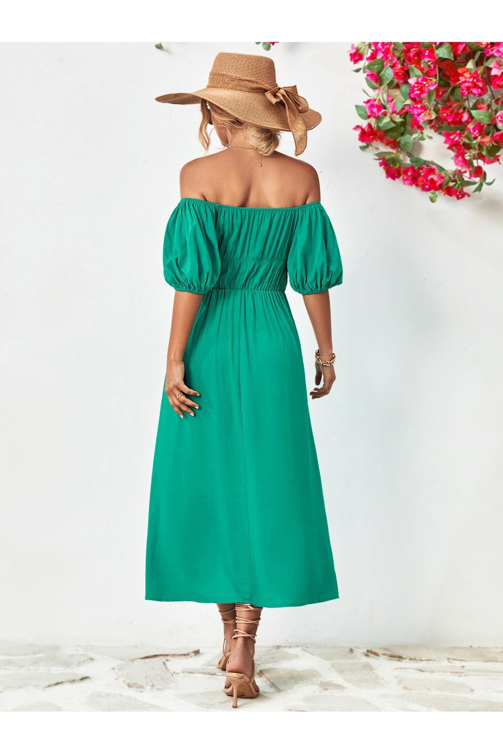 Off-Shoulder Balloon Sleeve Midi Dress