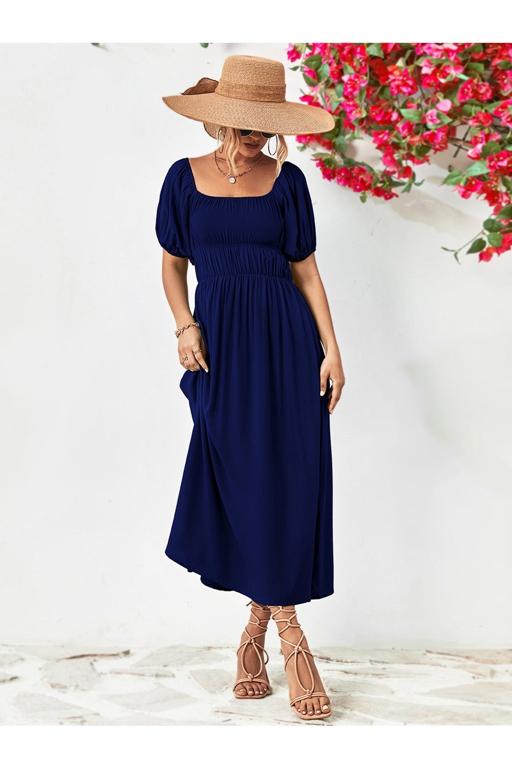 Off-Shoulder Balloon Sleeve Midi Dress