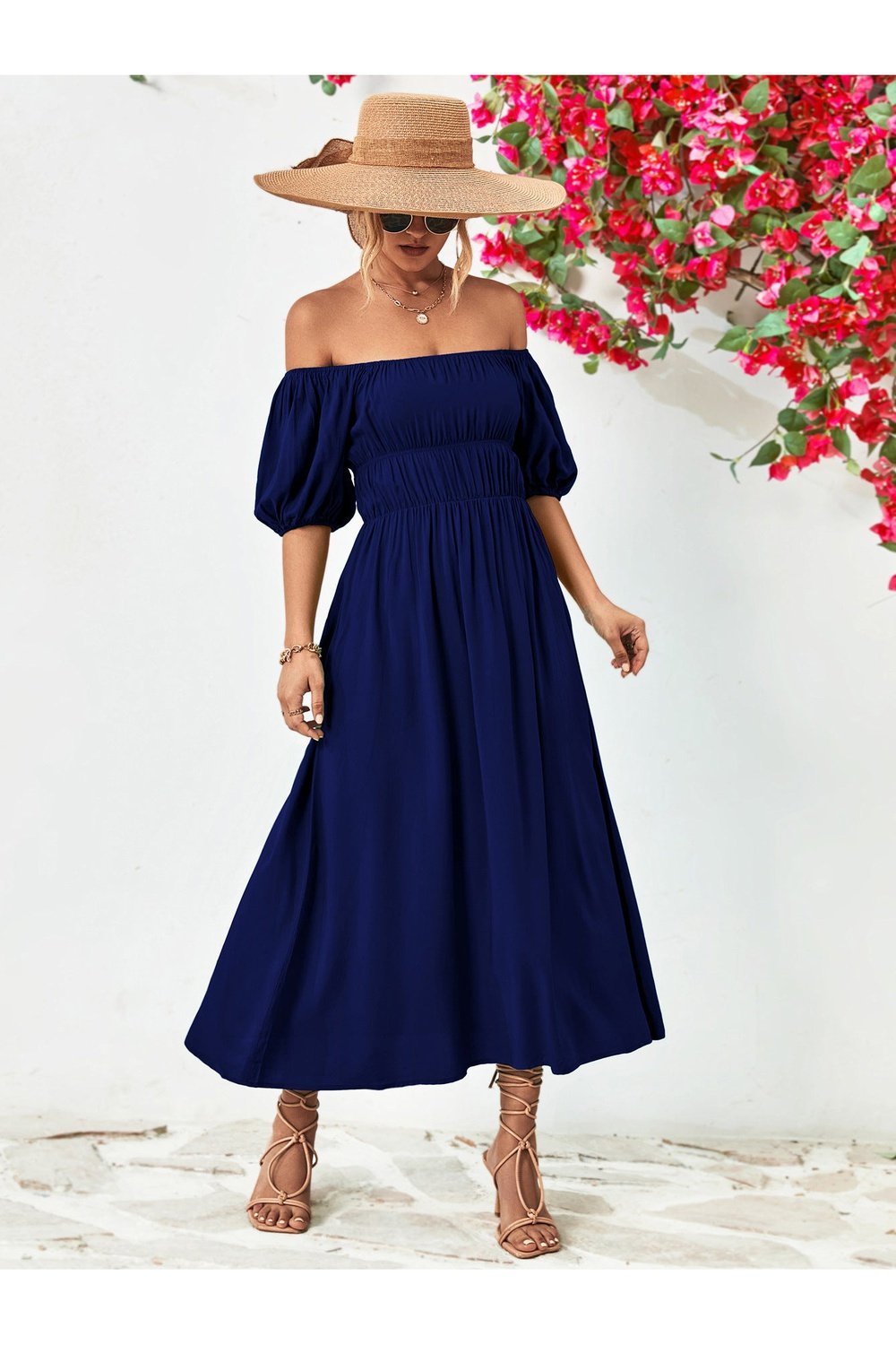 Off-Shoulder Balloon Sleeve Midi Dress