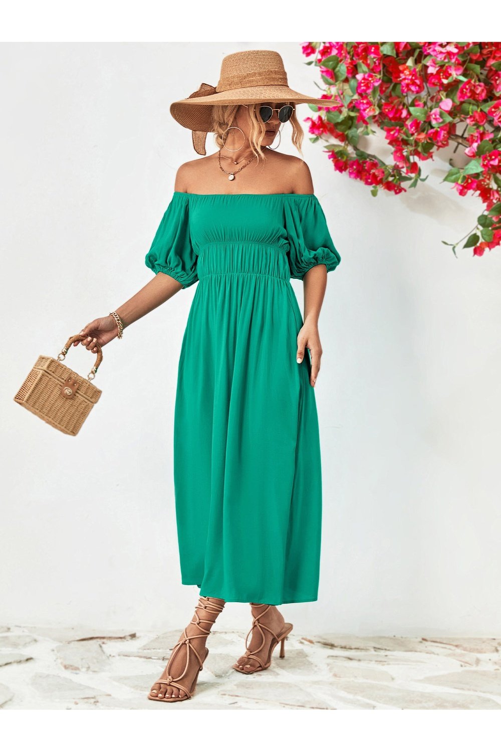 Off-Shoulder Balloon Sleeve Midi Dress