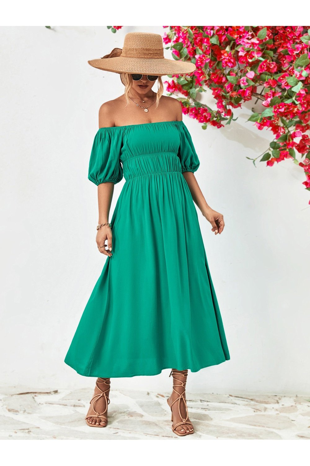 Off-Shoulder Balloon Sleeve Midi Dress