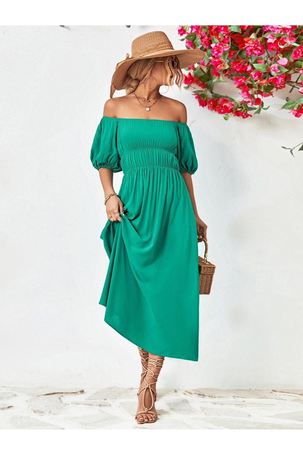 Off-Shoulder Balloon Sleeve Midi Dress