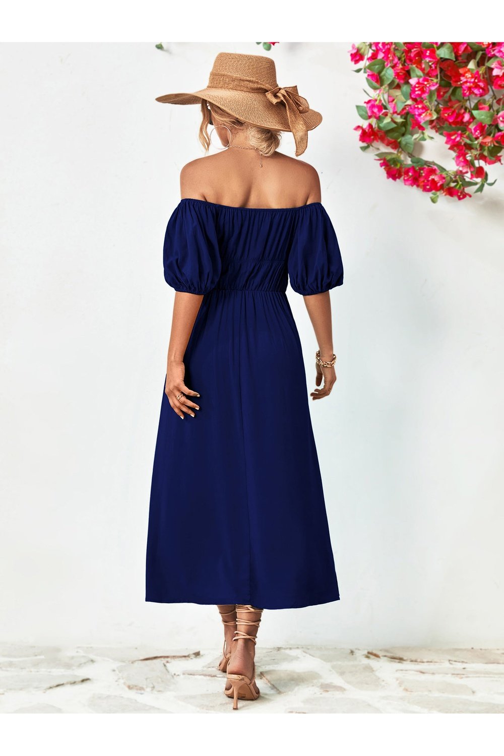 Off-Shoulder Balloon Sleeve Midi Dress