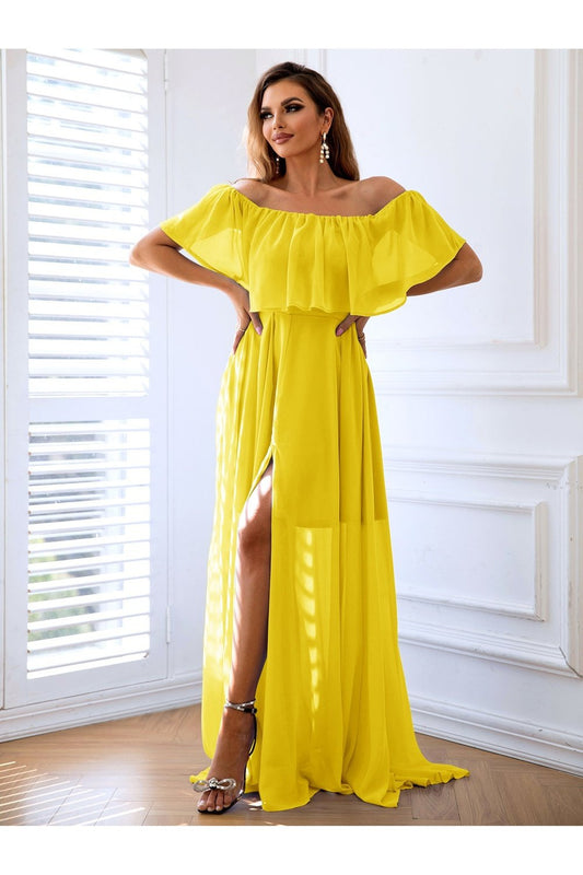 Off-Shoulder Layered Split Maxi Dress