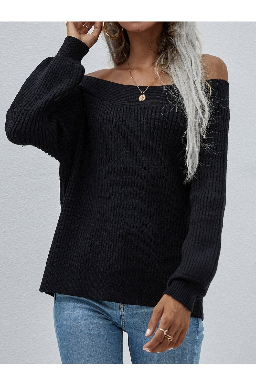 Off-Shoulder Rib-Knit Sweater