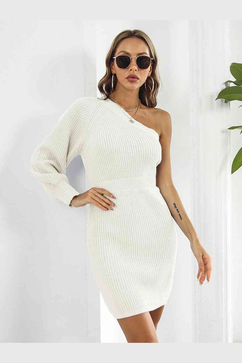 One-Shoulder Mini Sweater Dress