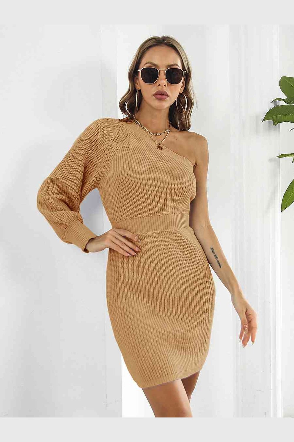 One-Shoulder Mini Sweater Dress