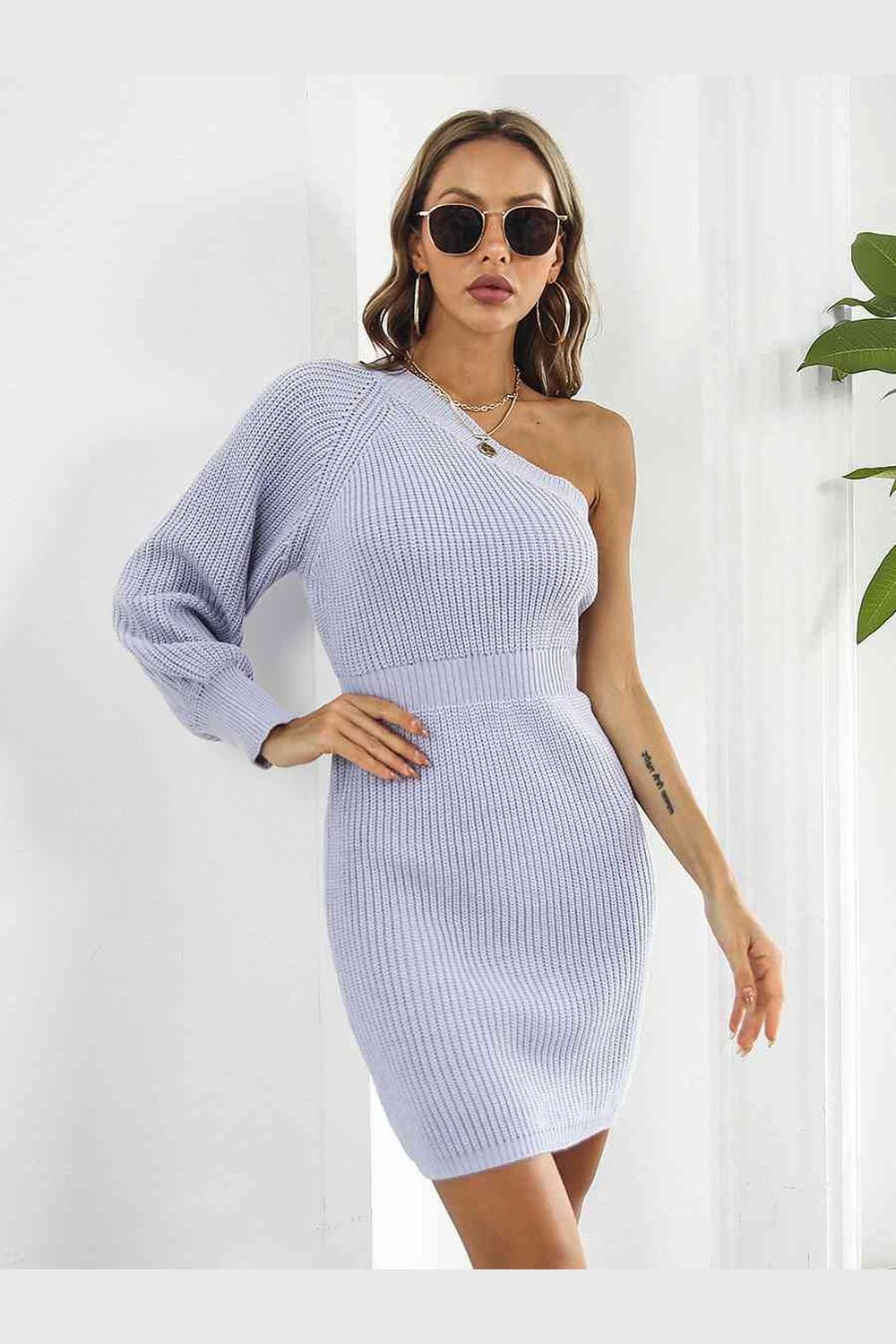 One-Shoulder Mini Sweater Dress