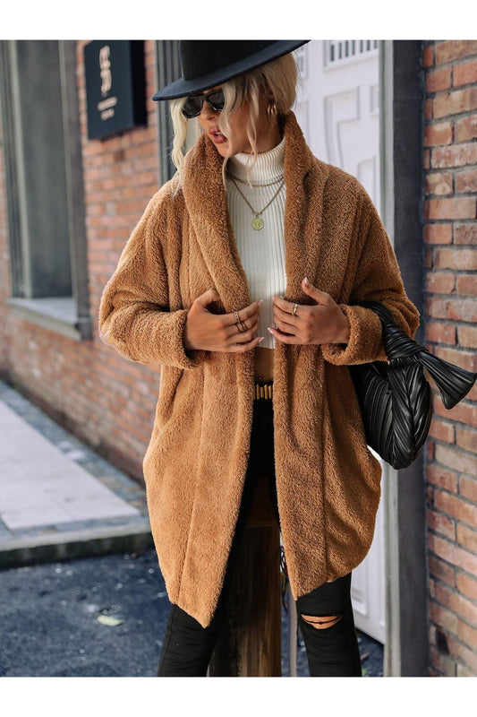 Open Front Hooded Teddy Coat