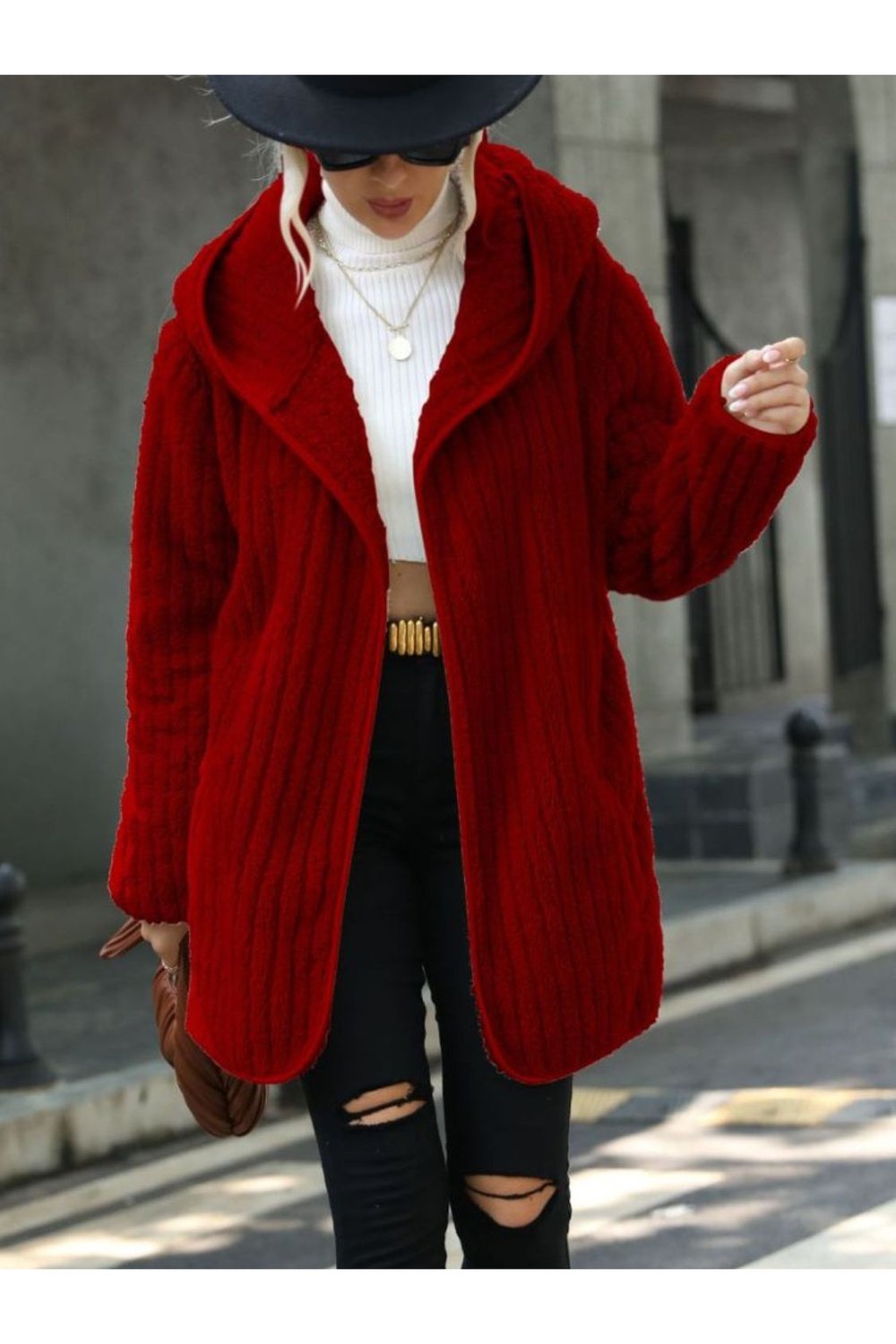 Open Front Ribbed Hooded Coat