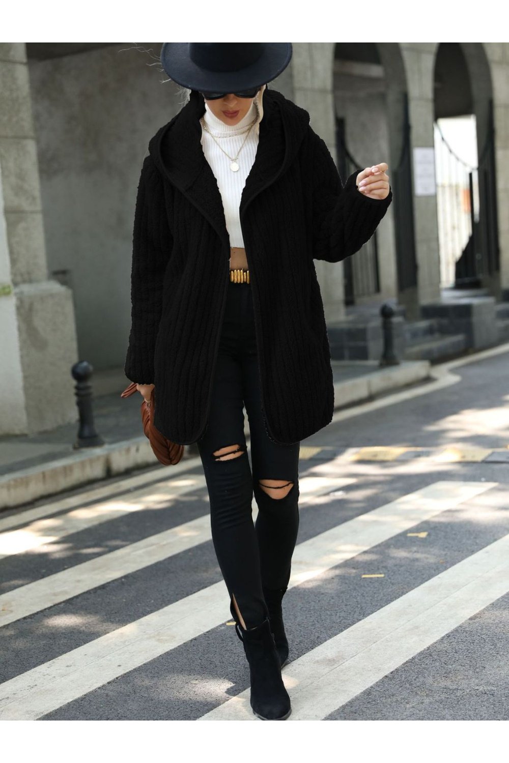 Open Front Ribbed Hooded Coat