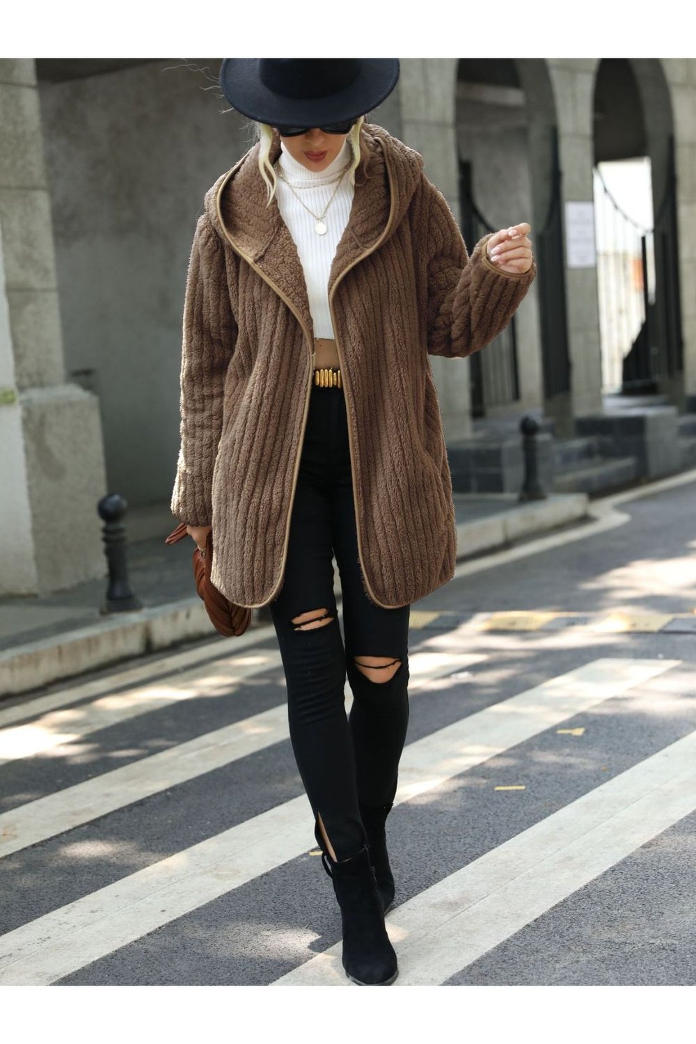 Open Front Ribbed Hooded Coat