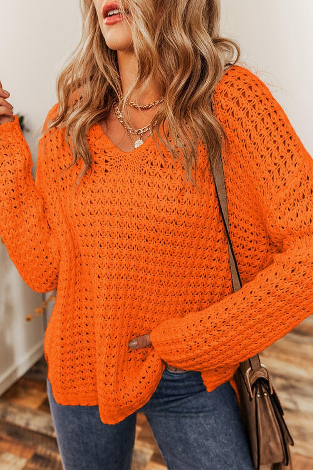 Openwork Round Neck Long Sleeve Sweater