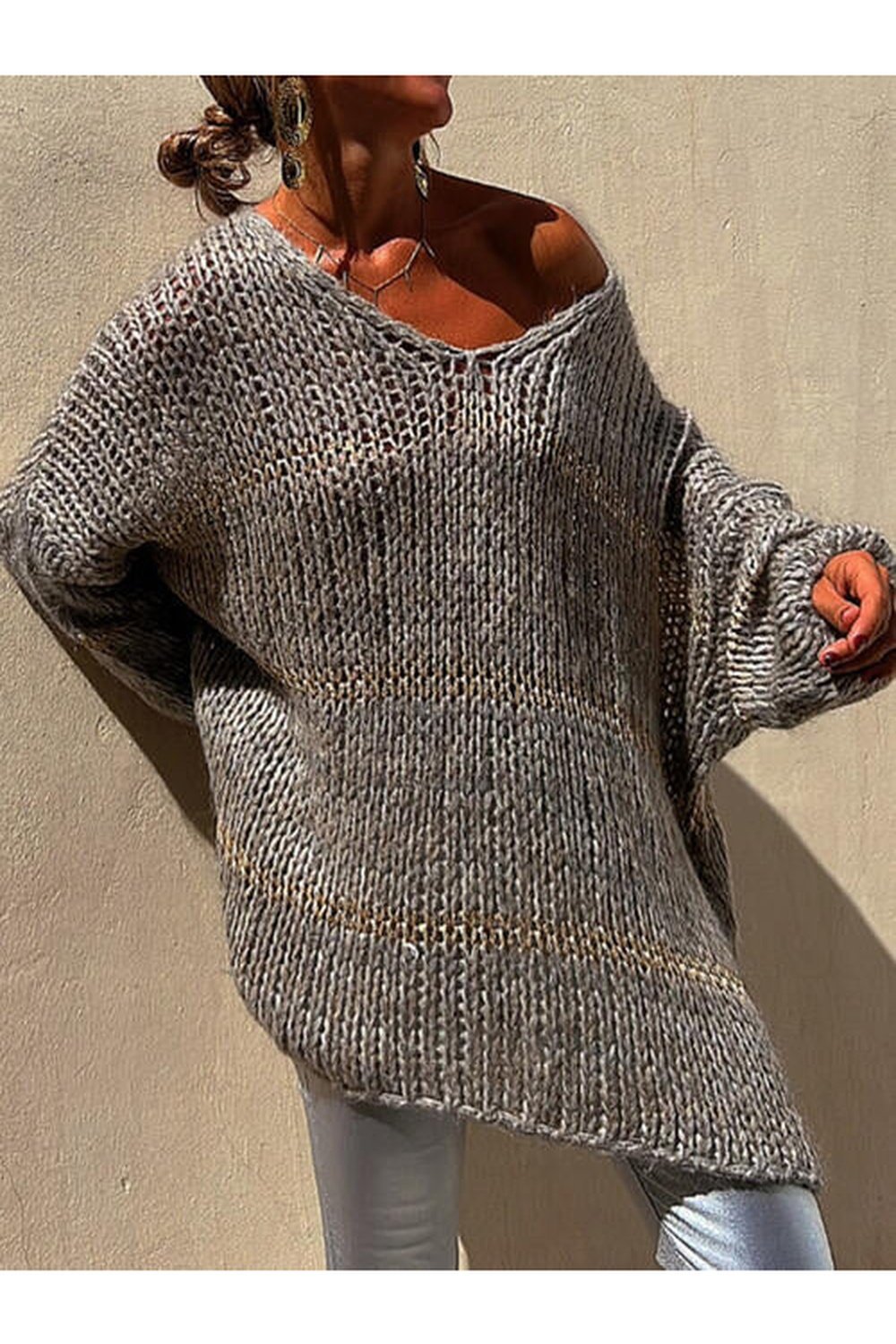 Openwork V-Neck Long Sleeve Sweater