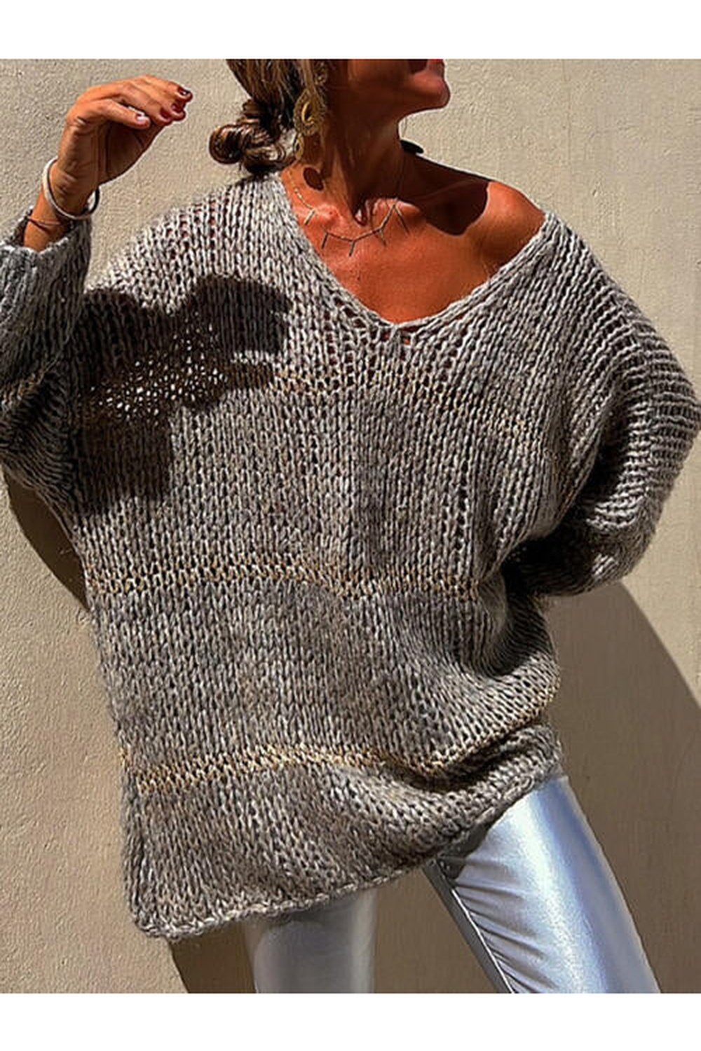 Openwork V-Neck Long Sleeve Sweater