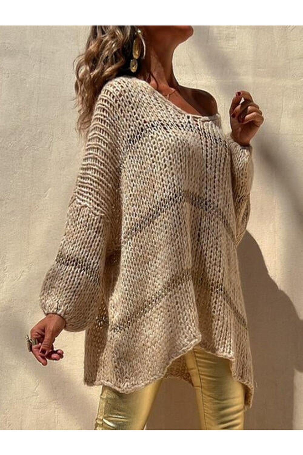 Openwork V-Neck Long Sleeve Sweater