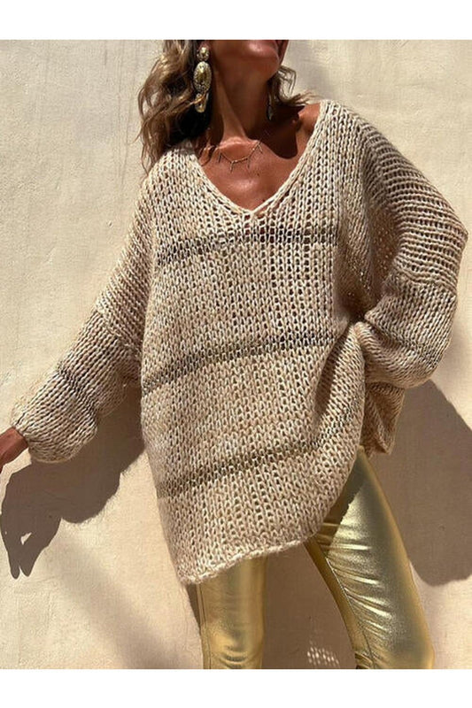 Openwork V-Neck Long Sleeve Sweater