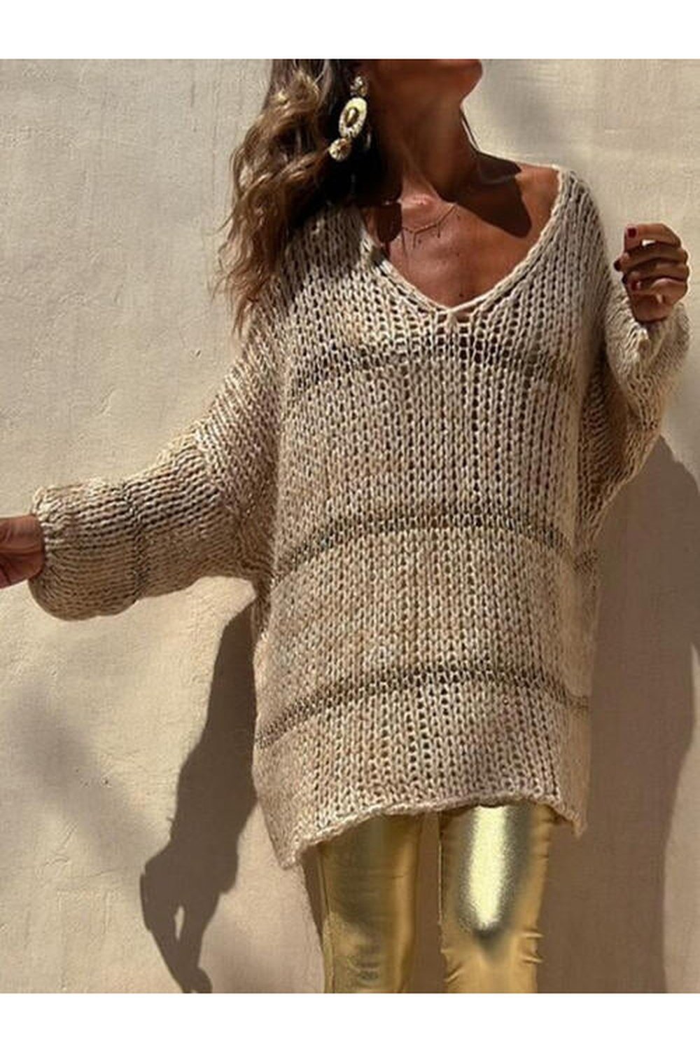 Openwork V-Neck Long Sleeve Sweater