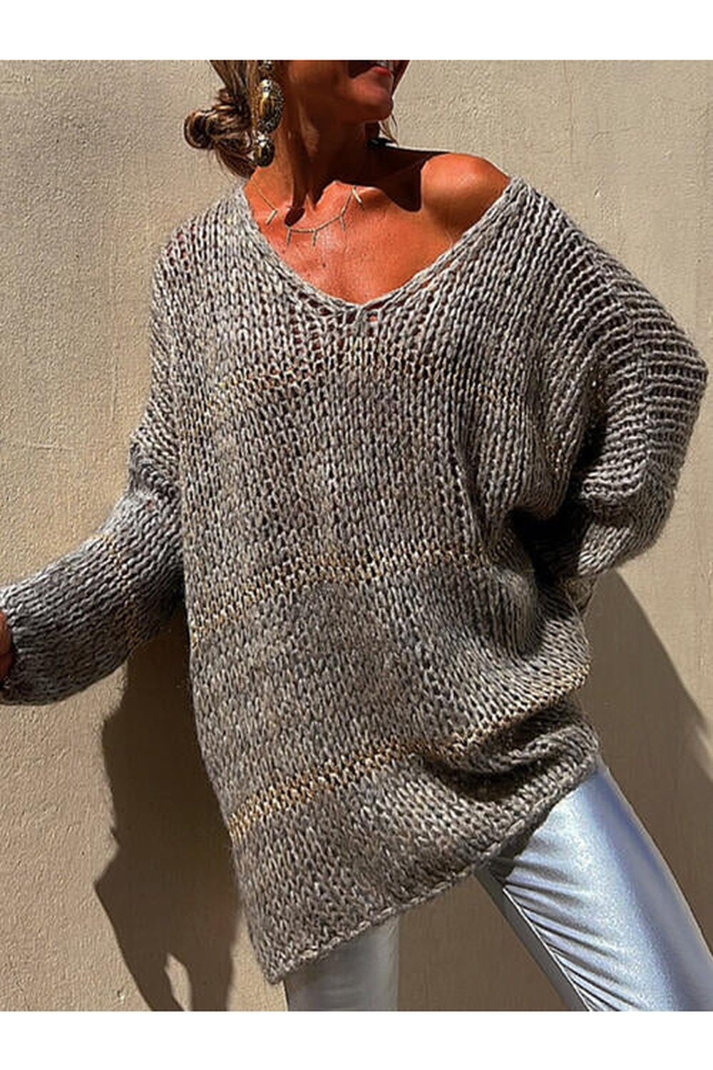 Openwork V-Neck Long Sleeve Sweater