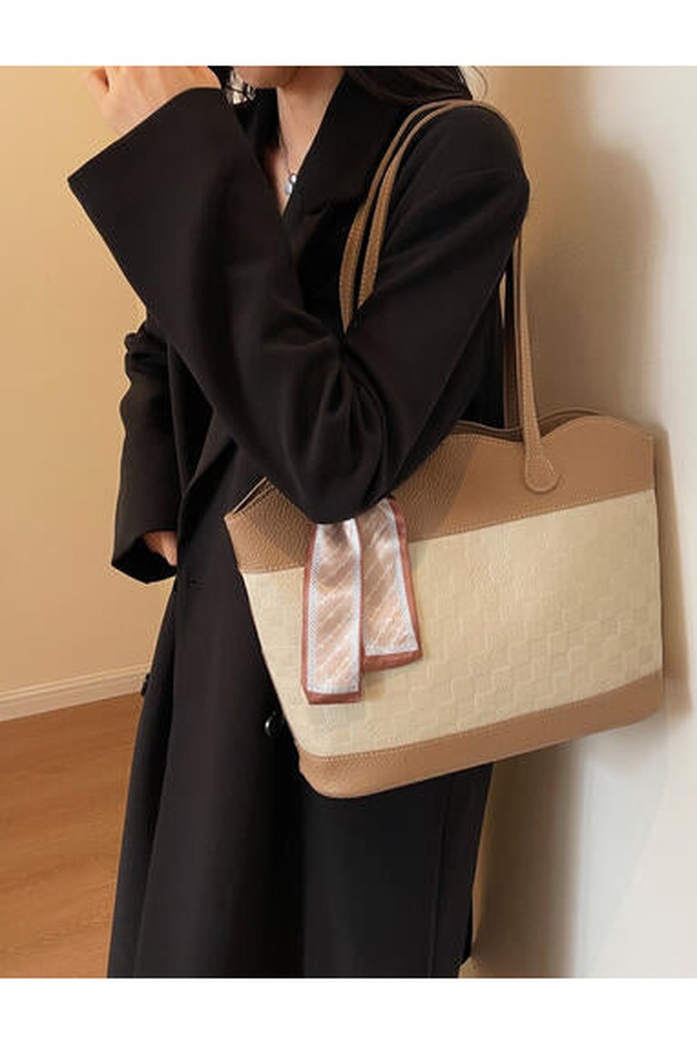 PU Leather Tied Contrast Tote Bag