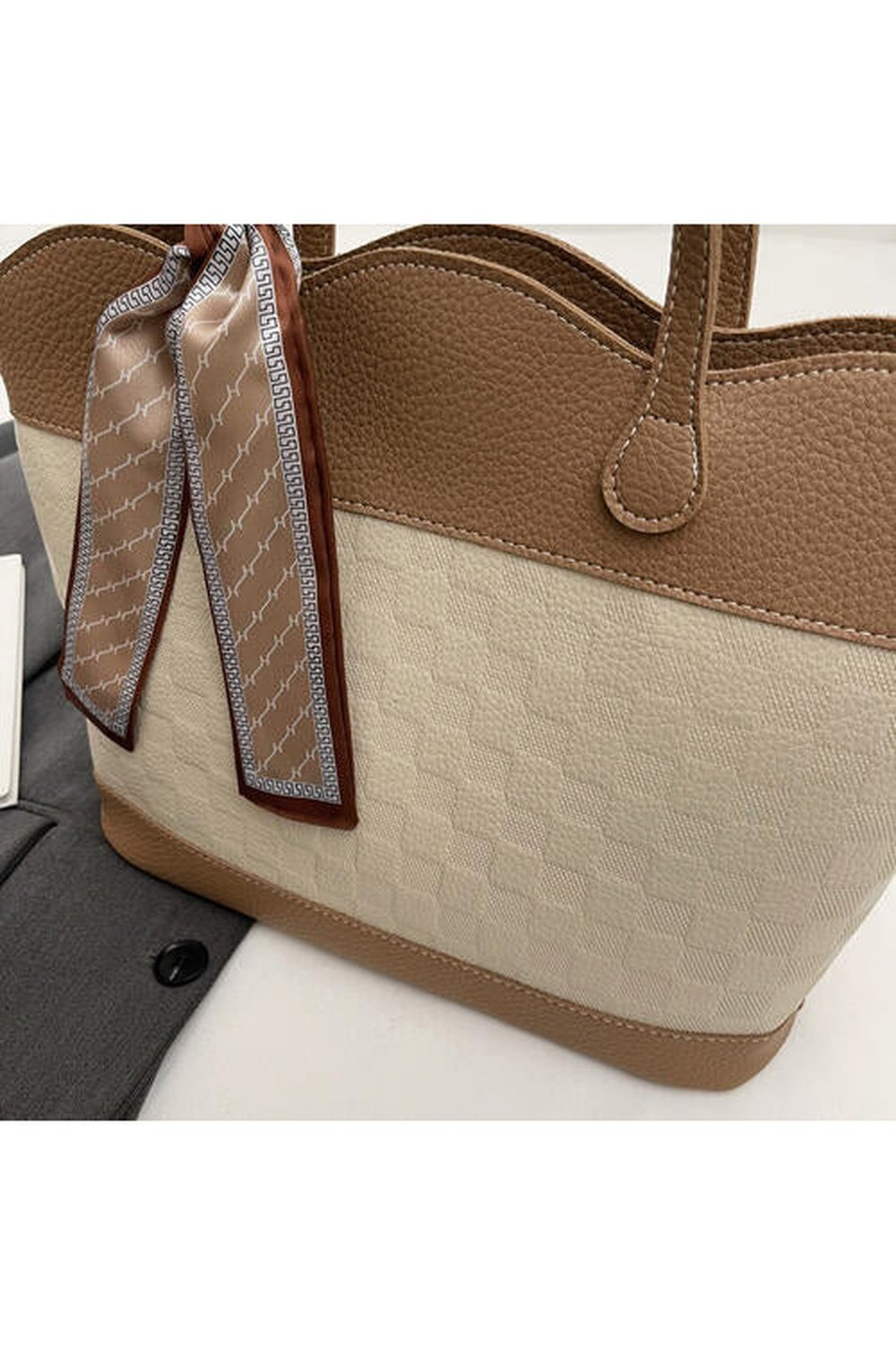 PU Leather Tied Contrast Tote Bag