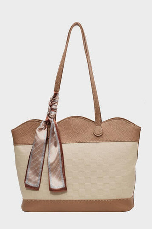 PU Leather Tied Contrast Tote Bag