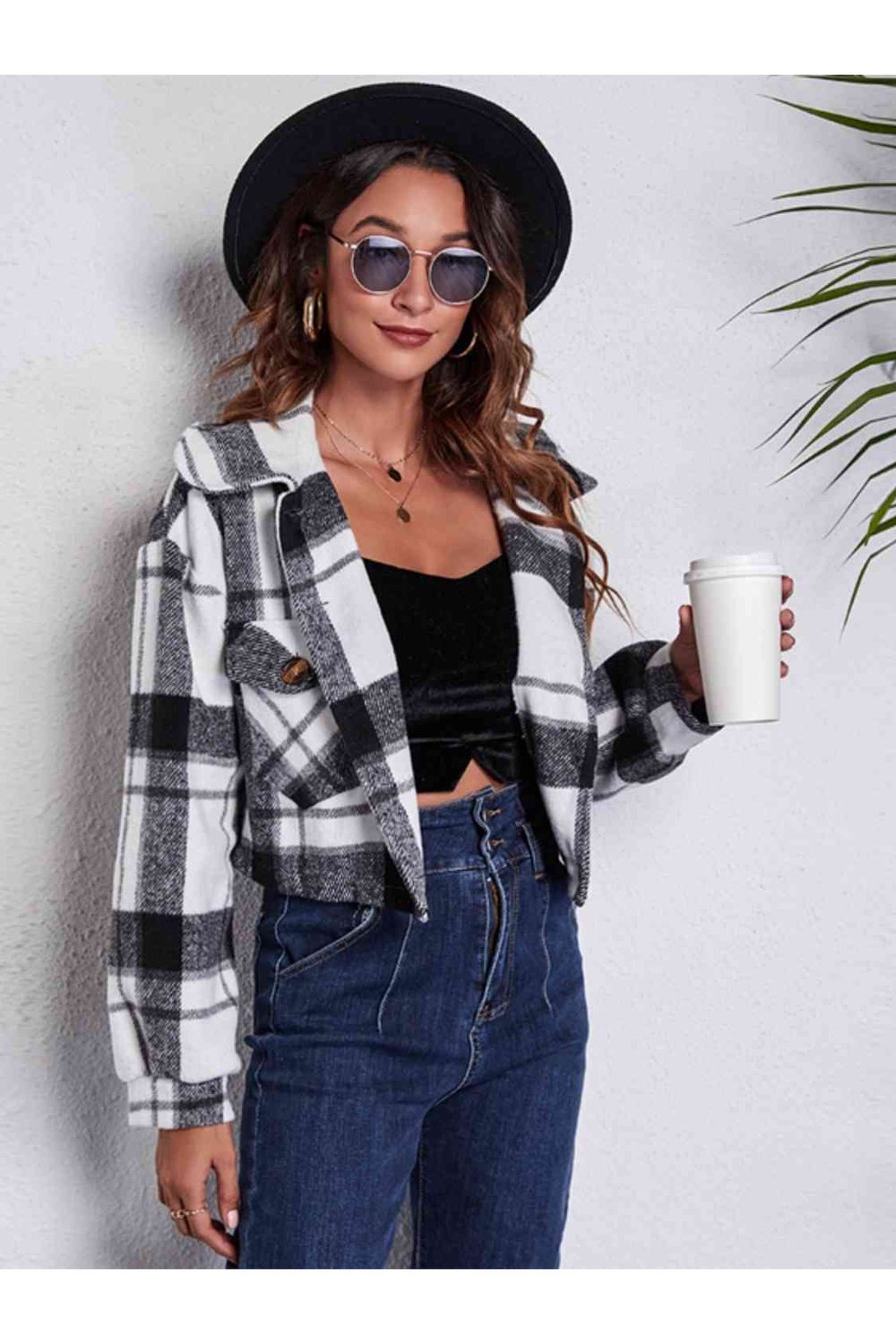 Plaid Button Front Jacket with Pockets