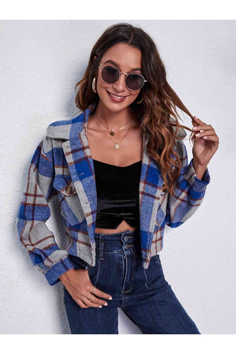 Plaid Button Front Jacket with Pockets