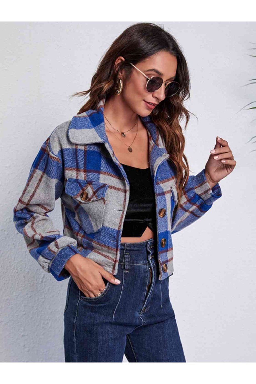 Plaid Button Front Jacket with Pockets