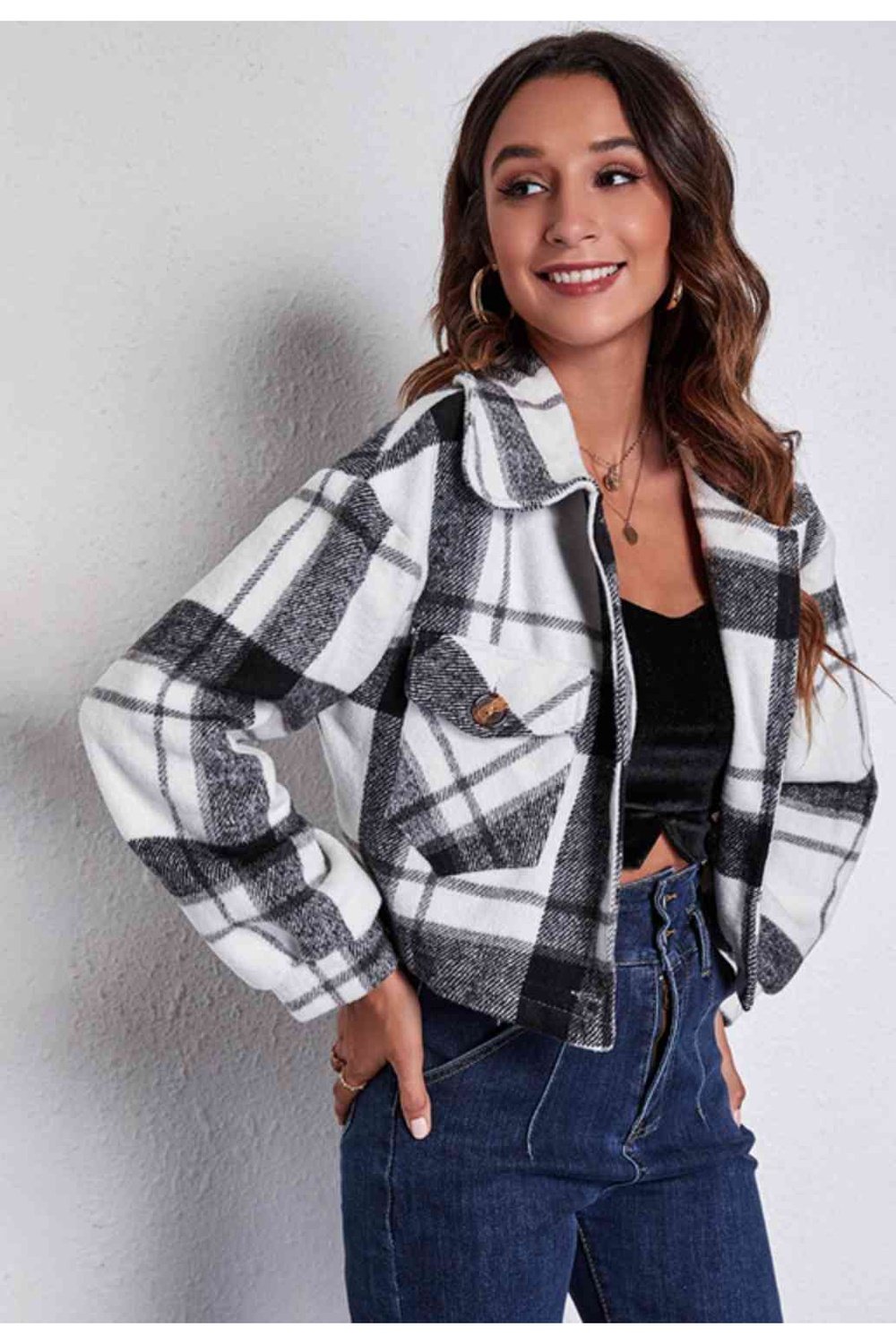 Plaid Button Front Jacket with Pockets