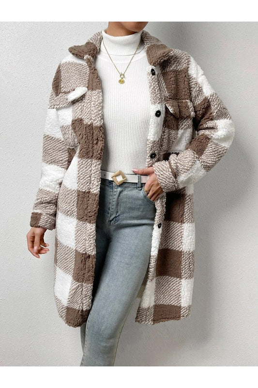 Plaid Collared Neck Button Down Coat