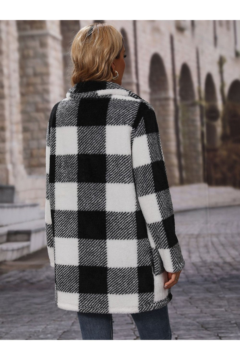 Plaid Collared Neck Coat with Pockets