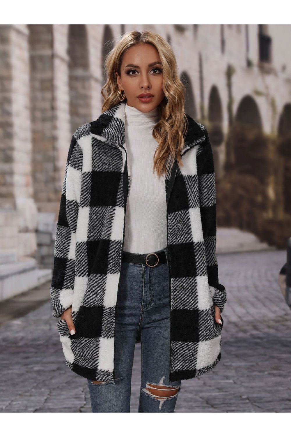 Plaid Collared Neck Coat with Pockets