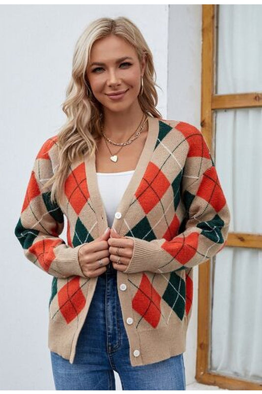 Plaid Contrast Button Up Cardigan