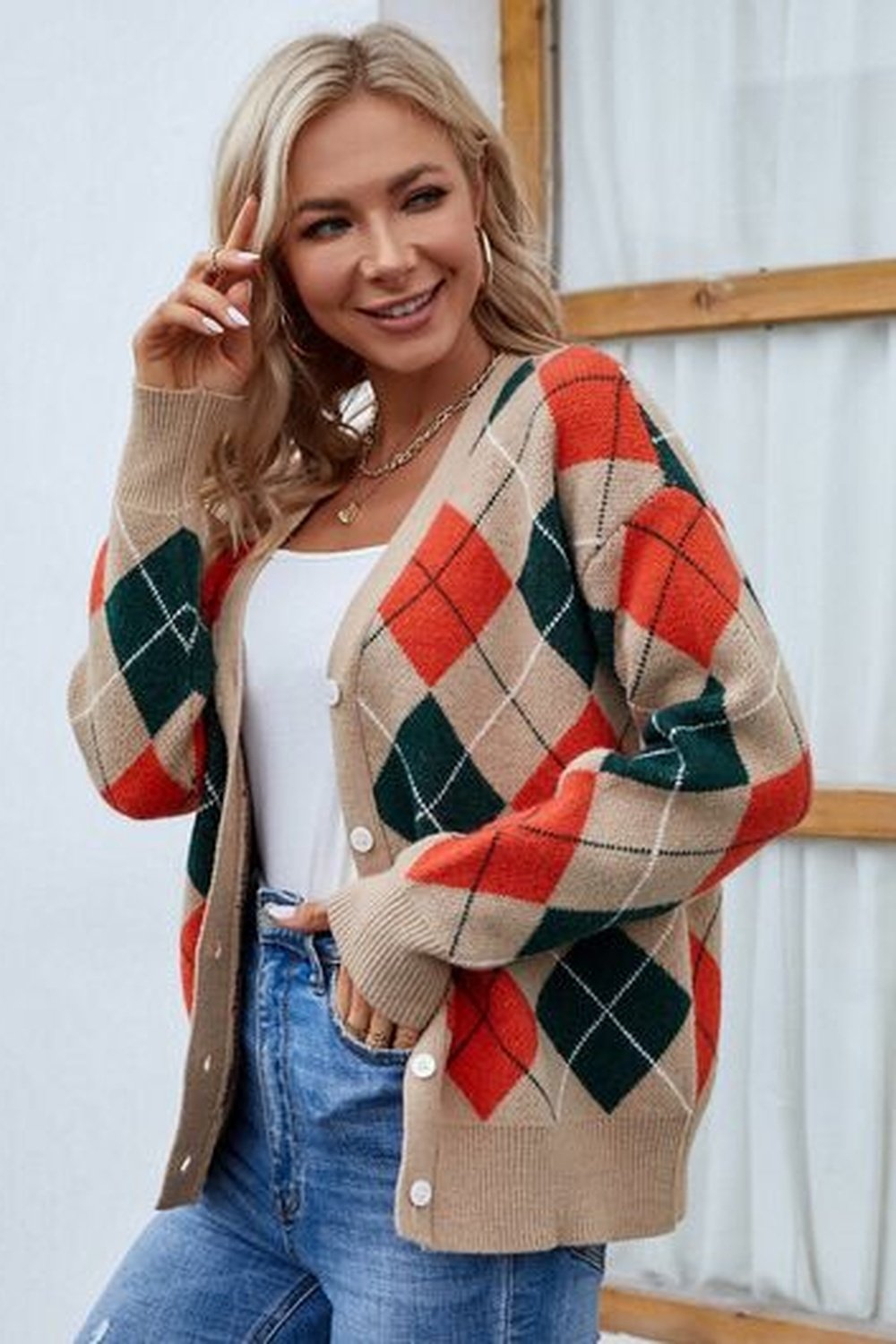 Plaid Contrast Button Up Cardigan