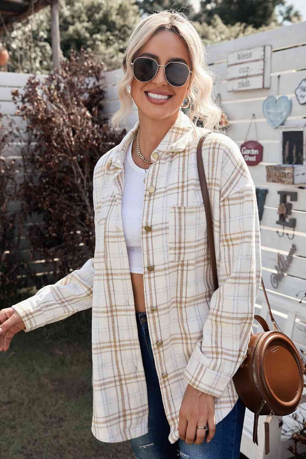 Plaid Curved Hem Dropped Shoulder Longline Shirt Jacket