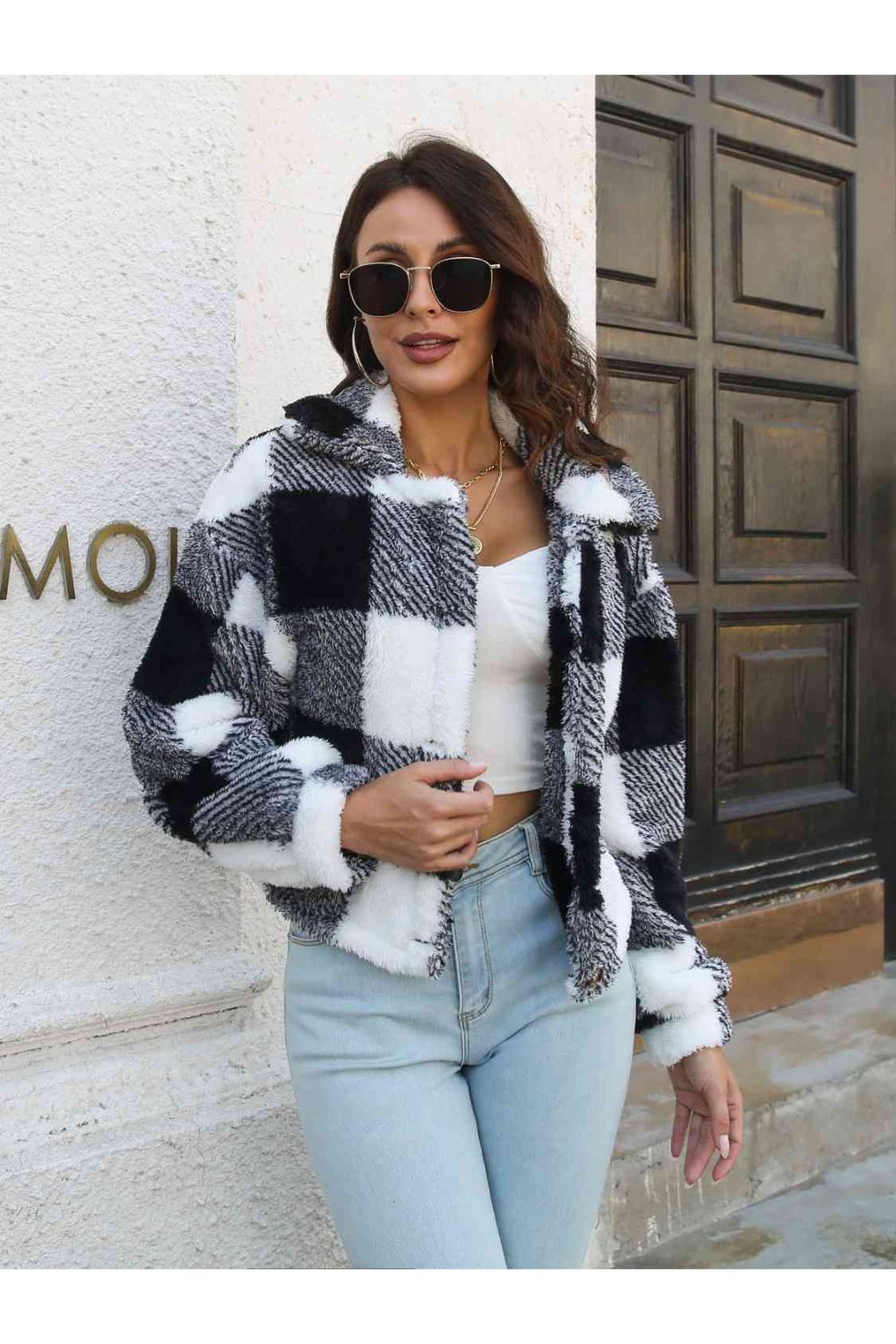 Plaid Dropped Shoulder Buttoned Jacket