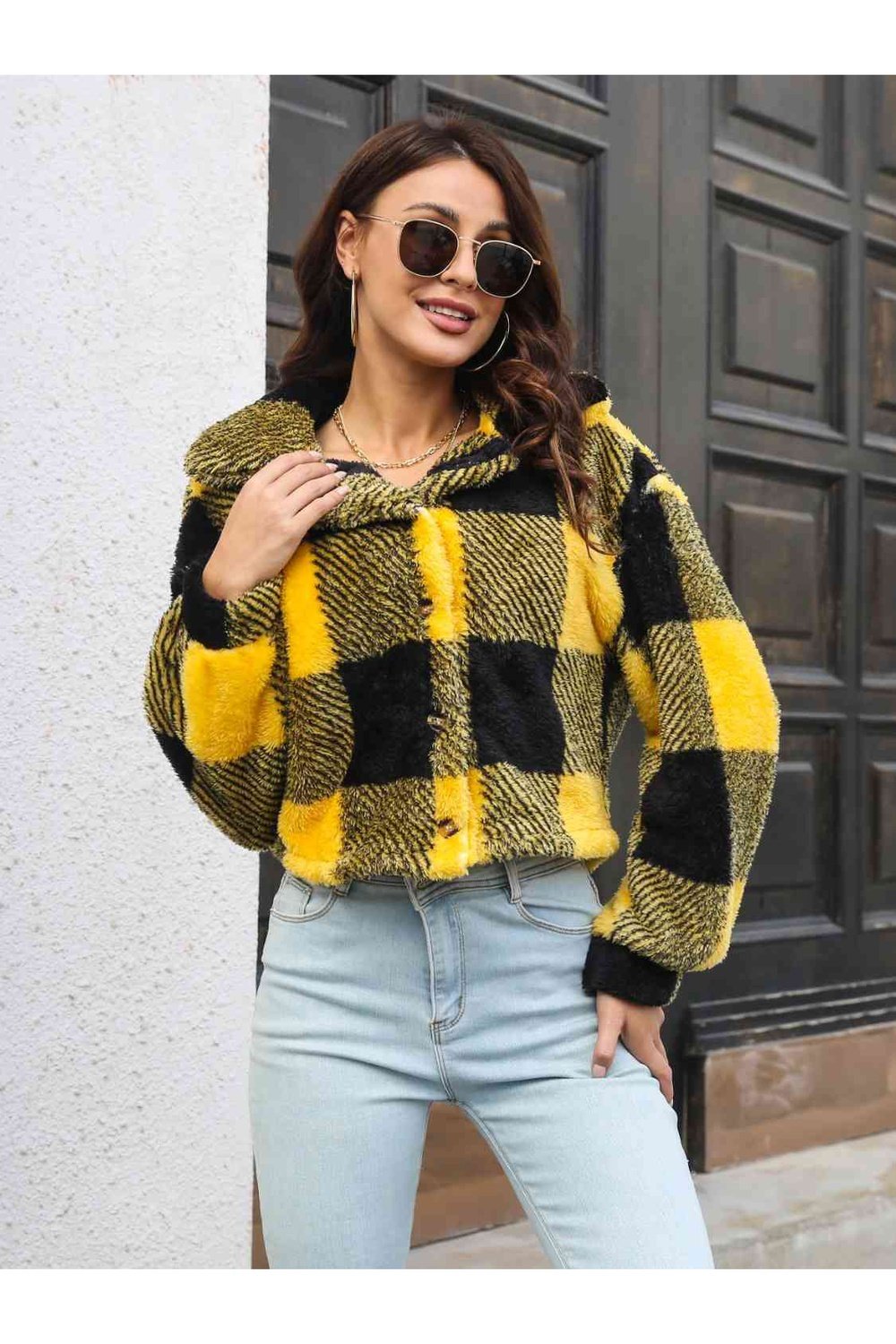 Plaid Dropped Shoulder Buttoned Jacket