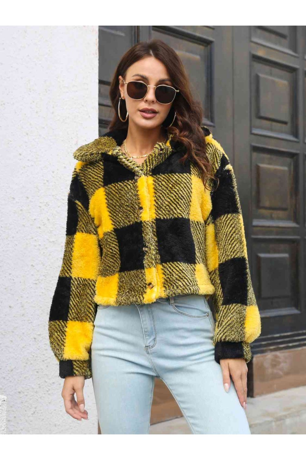 Plaid Dropped Shoulder Buttoned Jacket