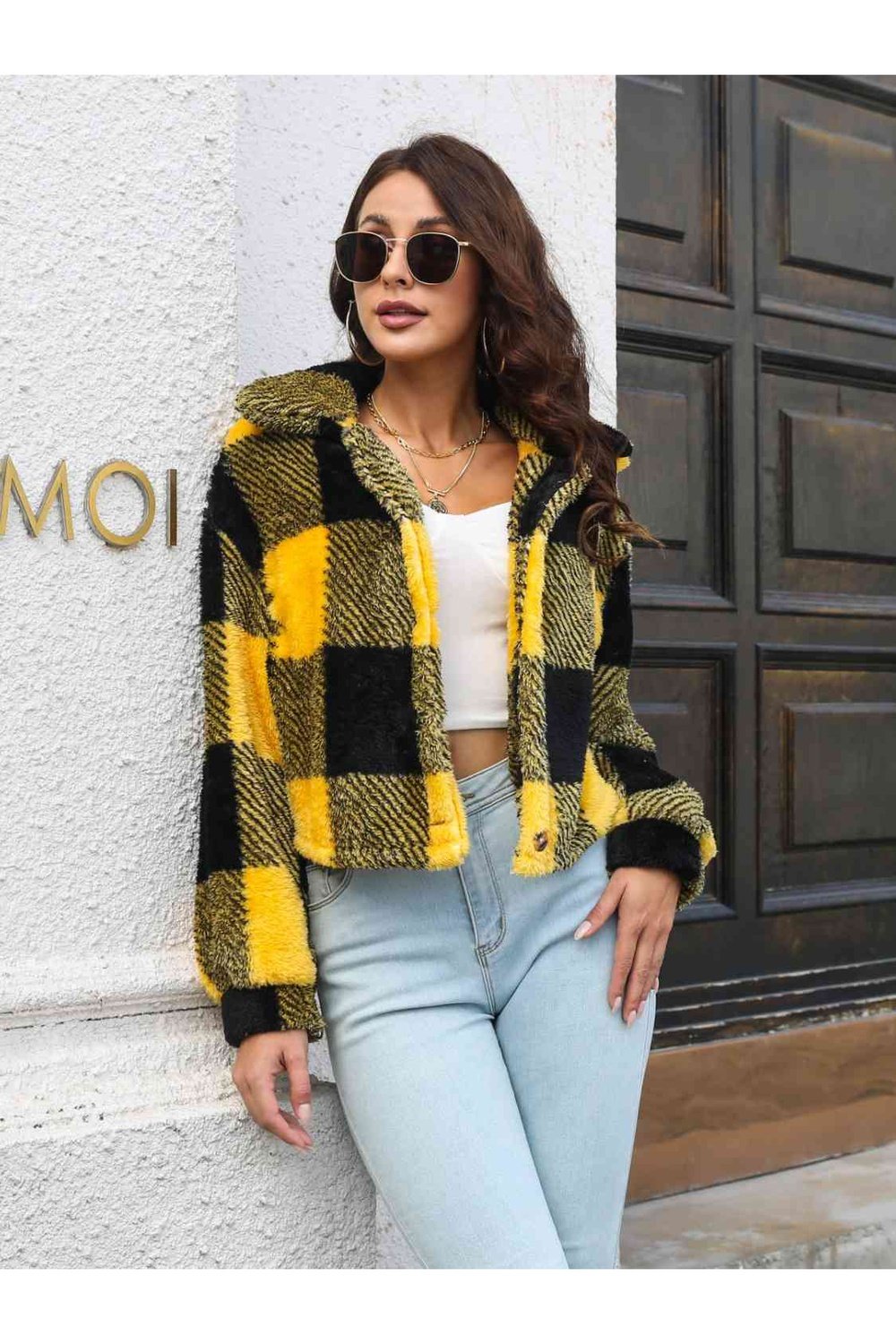 Plaid Dropped Shoulder Buttoned Jacket