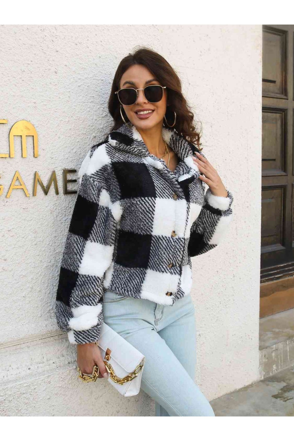 Plaid Dropped Shoulder Buttoned Jacket