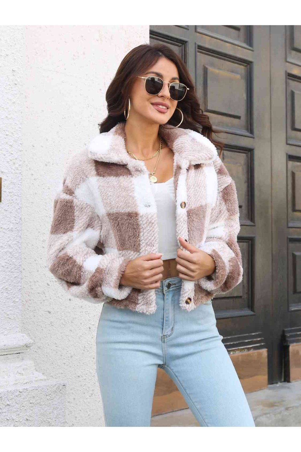 Plaid Dropped Shoulder Buttoned Jacket