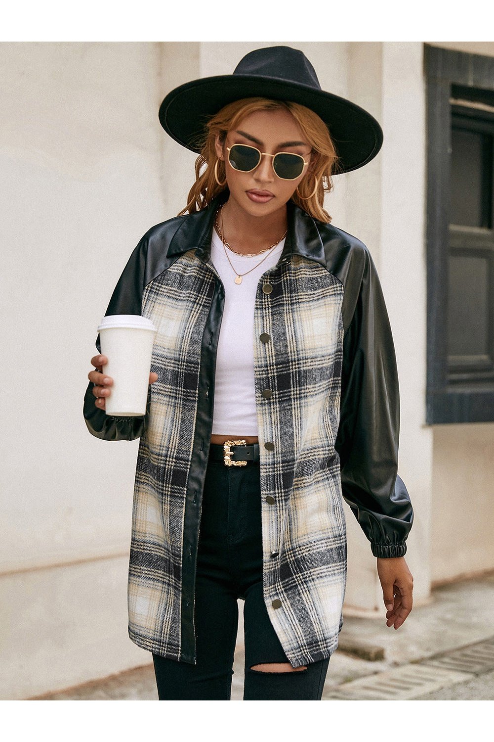 Plaid Button Down Raglan Sleeve Jacket