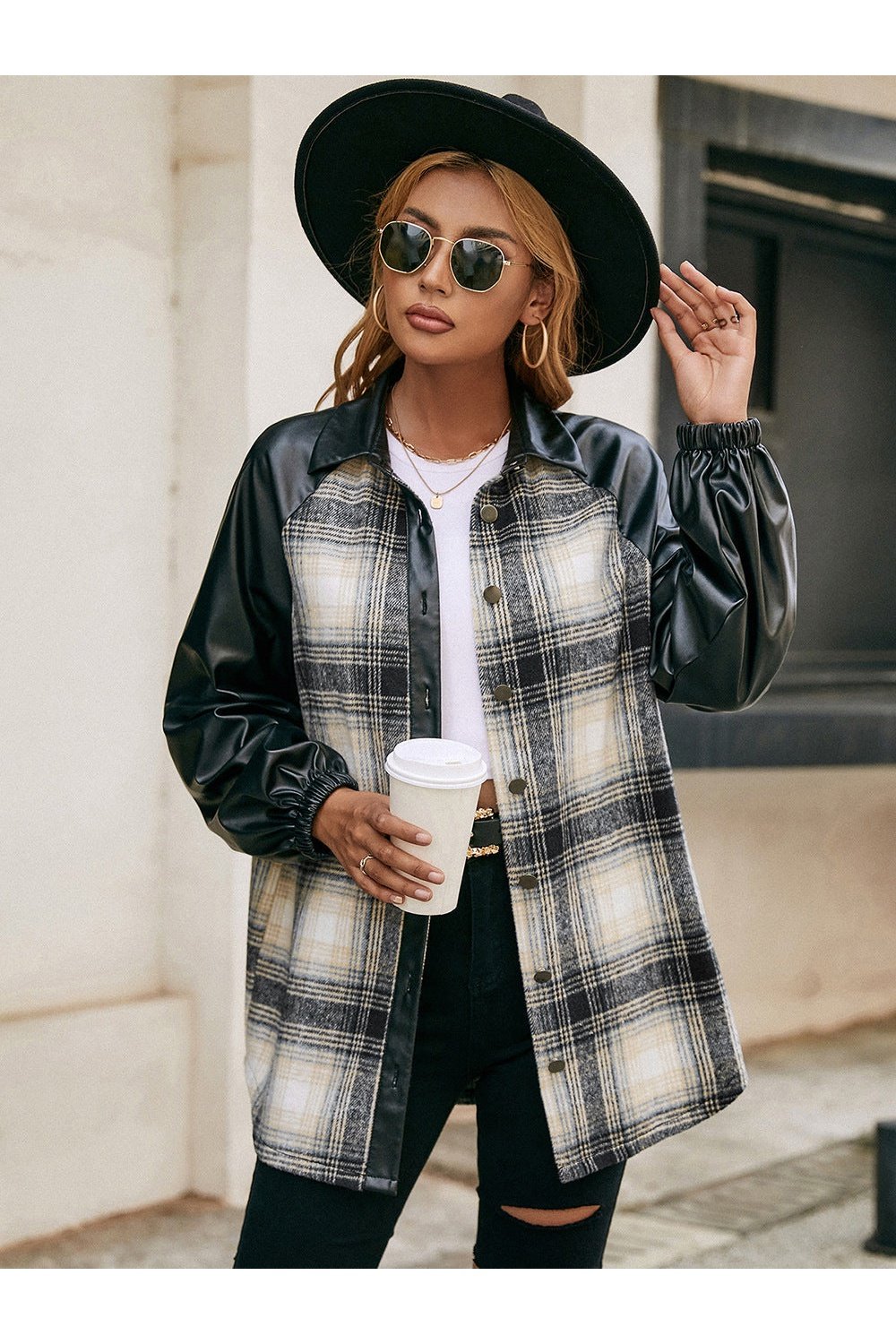 Plaid Button Down Raglan Sleeve Jacket