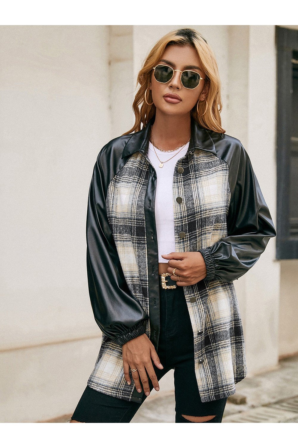 Plaid Button Down Raglan Sleeve Jacket