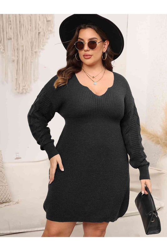 Plus Size Dropped Shoulder Long Sleeve Knit Mini Dress