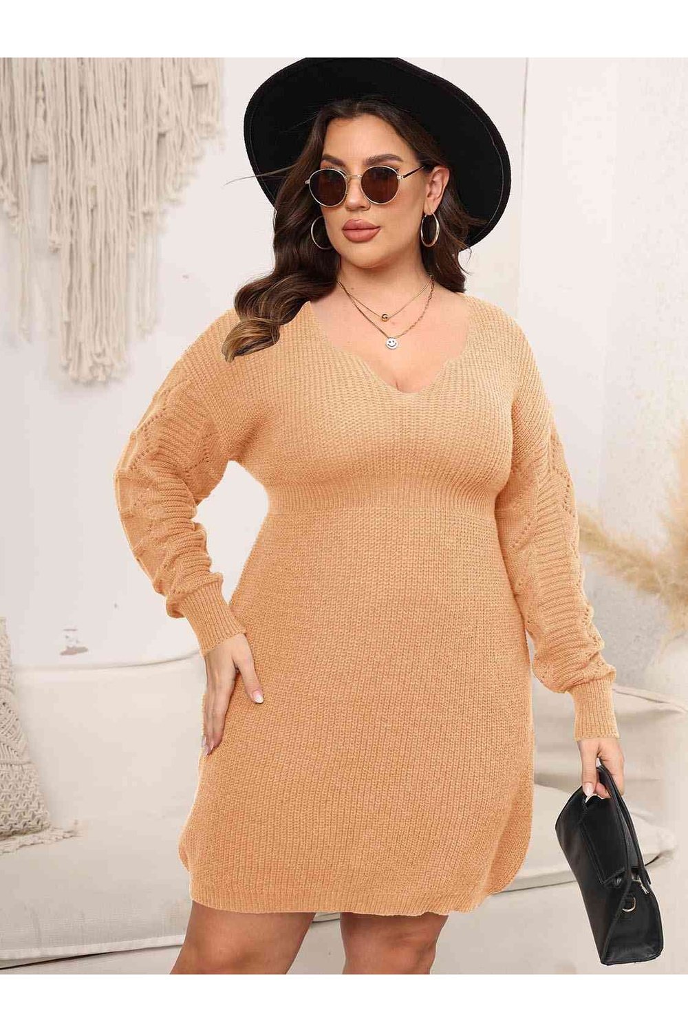 Plus Size Dropped Shoulder Long Sleeve Knit Mini Dress