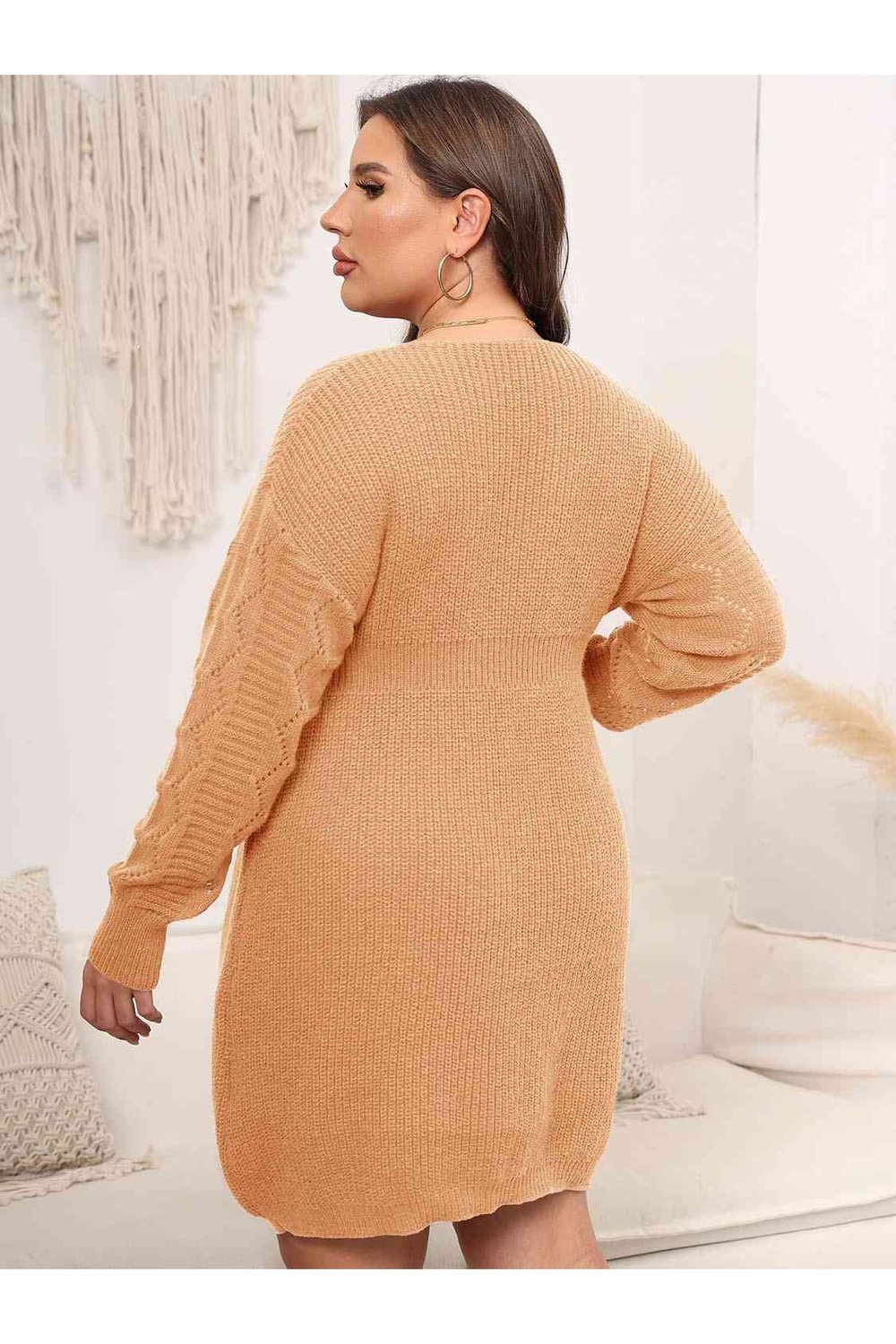 Plus Size Dropped Shoulder Long Sleeve Knit Mini Dress