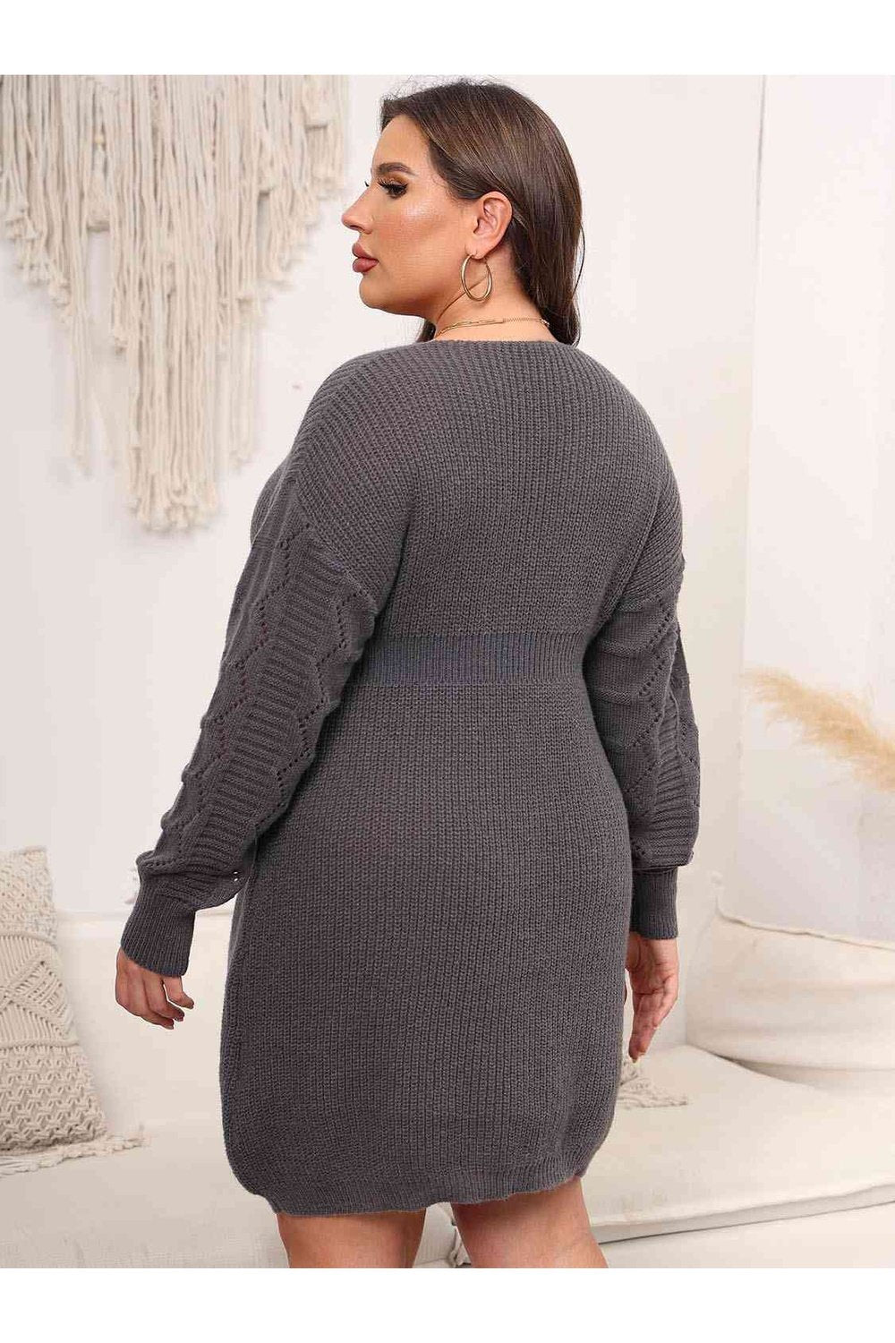 Plus Size Dropped Shoulder Long Sleeve Knit Mini Dress